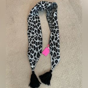Betsy Johnson snow leopard scarf with black tassels.  NWT